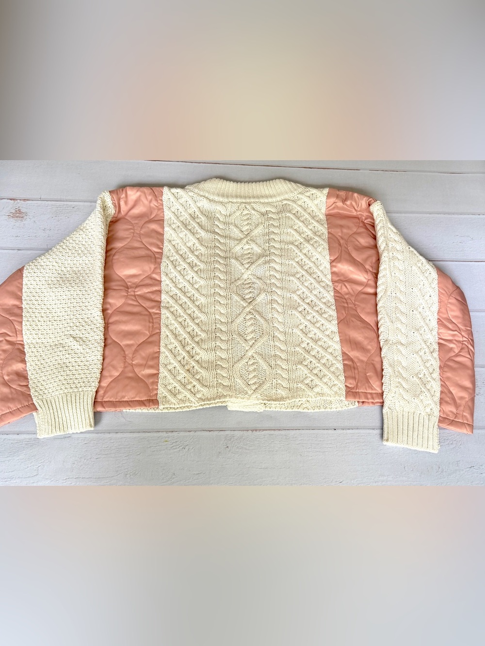 POL Cream Cable Knit Cardigan Quilted Pink Satin Patchwork Button Front Size M - Picture 14 of 15